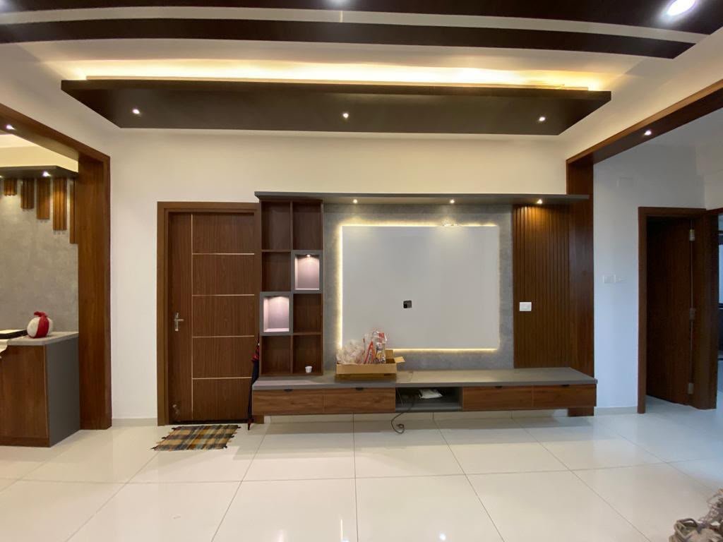 Warm Wood & Marble Living Space — living and reception area